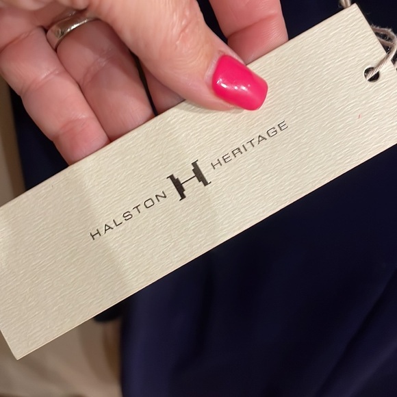 NWT HALSTON  HERITAGE cut out dress long sleeve fitted stretch midnight blue 4 - Picture 7 of 13